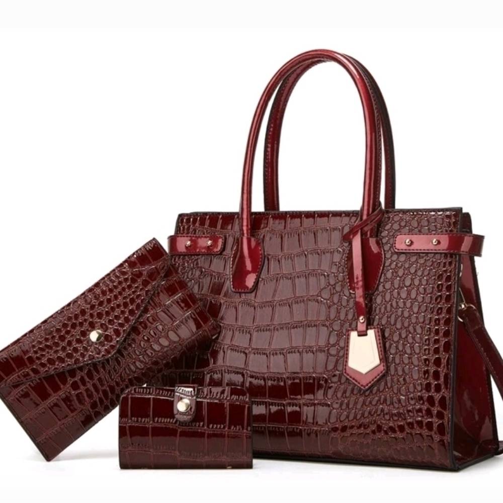 NEW - Burgundy - 3 Piece Faux Leather Handbag Crocodile Embossed Set